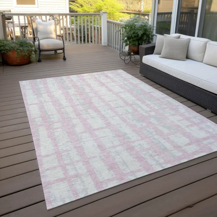 9' X 12' Pink Gray And Ivory Striped Washable Indoor Outdoor Area Rug