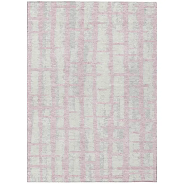 9' X 12' Pink Gray And Ivory Striped Washable Indoor Outdoor Area Rug