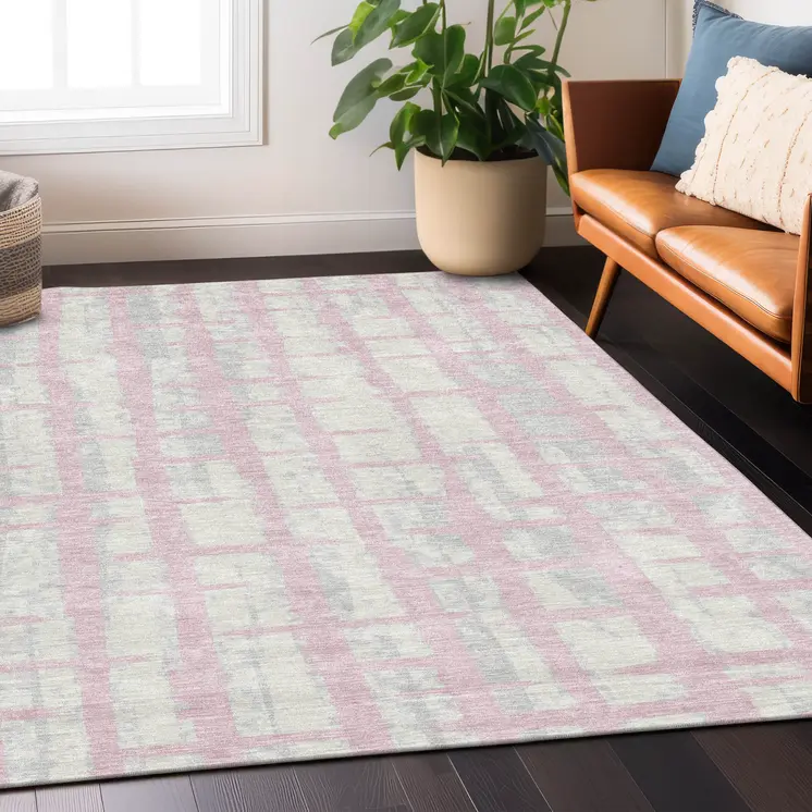 9' X 12' Pink Gray And Ivory Striped Washable Indoor Outdoor Area Rug
