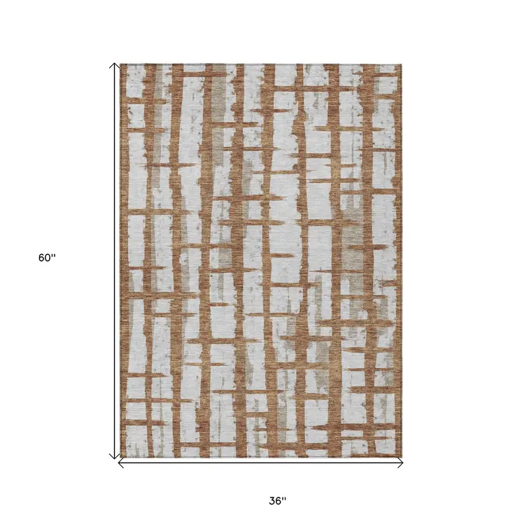 3' X 5' Brown Beige And Ivory Striped Washable Indoor Outdoor Area Rug