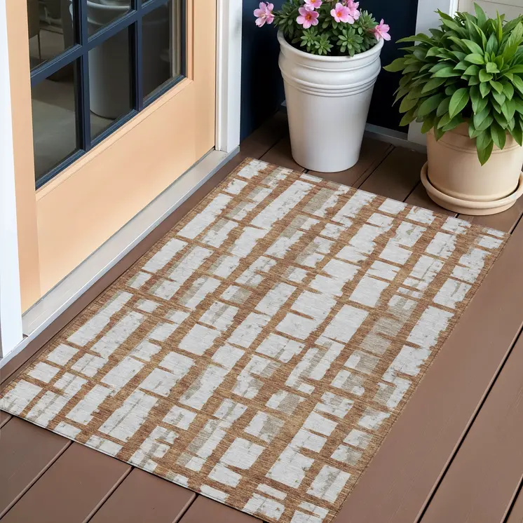 3' X 5' Brown Beige And Ivory Striped Washable Indoor Outdoor Area Rug