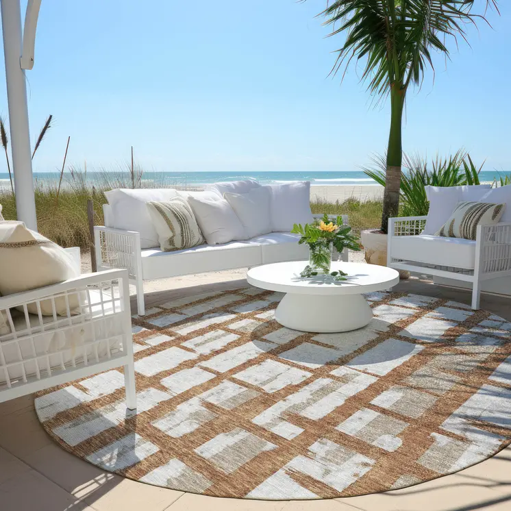 8' Brown Beige And Ivory Round Striped Washable Indoor Outdoor Area Rug