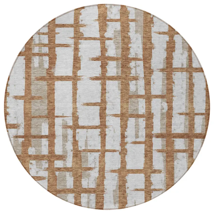 8' Brown Beige And Ivory Round Striped Washable Indoor Outdoor Area Rug