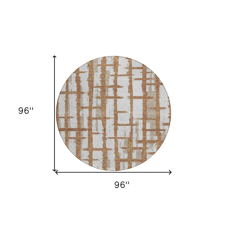 8' Brown Beige And Ivory Round Striped Washable Indoor Outdoor Area Rug