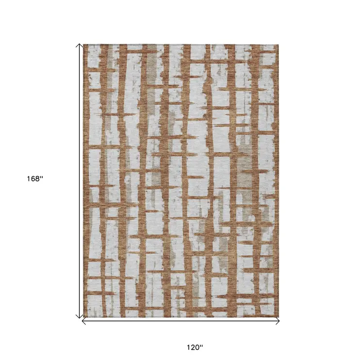 10' X 14' Brown Beige And Ivory Striped Washable Indoor Outdoor Area Rug