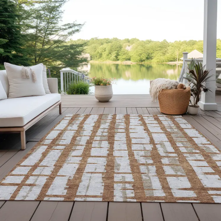 10' X 14' Brown Beige And Ivory Striped Washable Indoor Outdoor Area Rug