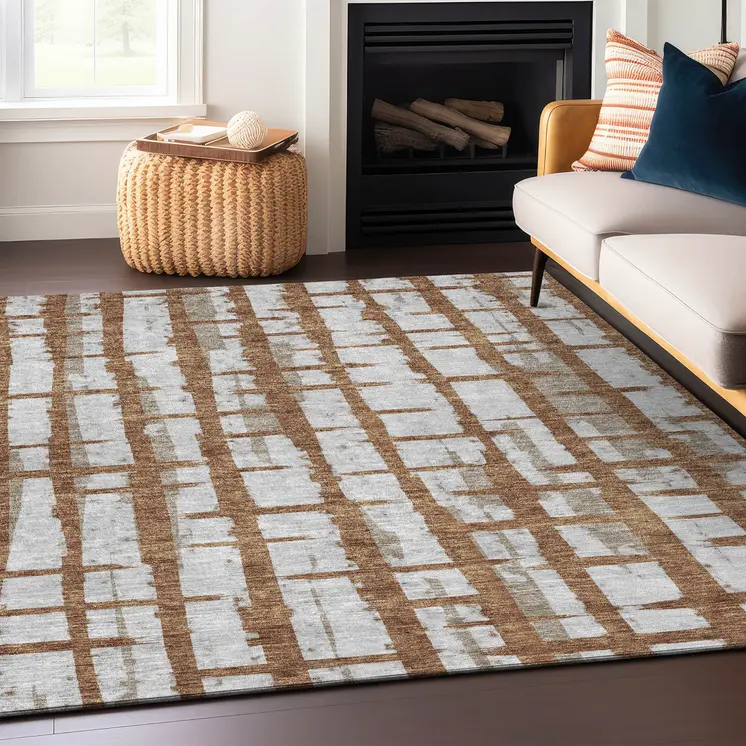 10' X 14' Brown Beige And Ivory Striped Washable Indoor Outdoor Area Rug