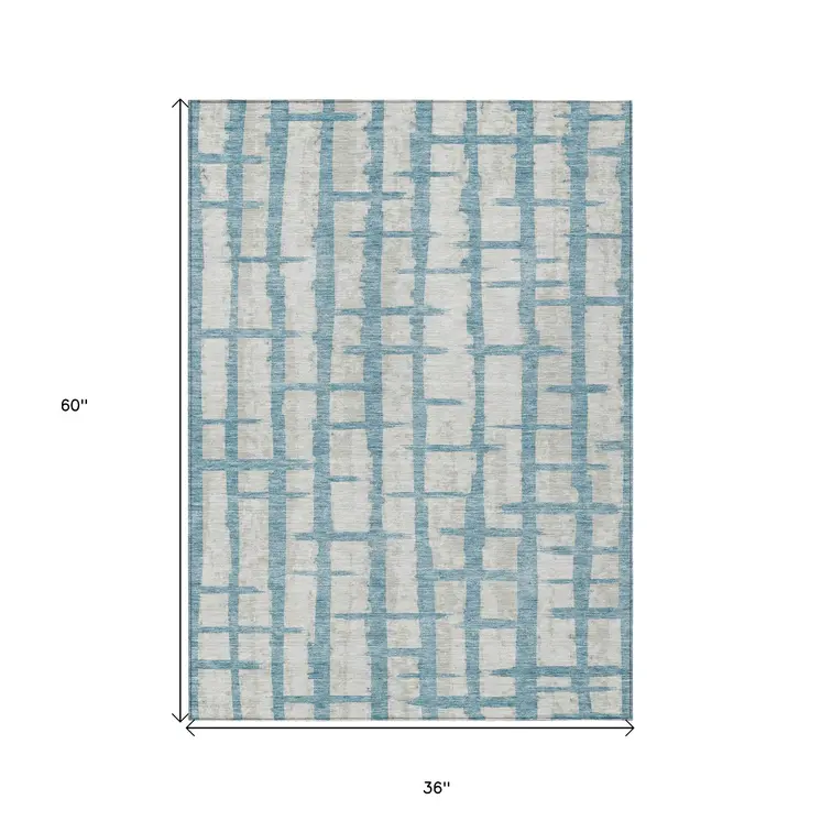 3' X 5' Sky Blue And Gray Striped Washable Indoor Outdoor Area Rug
