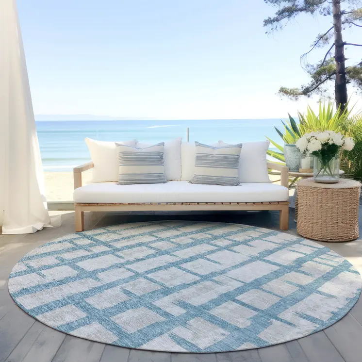 8' Sky Blue And Gray Round Striped Washable Indoor Outdoor Area Rug