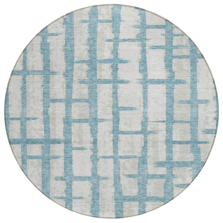 8' Sky Blue And Gray Round Striped Washable Indoor Outdoor Area Rug