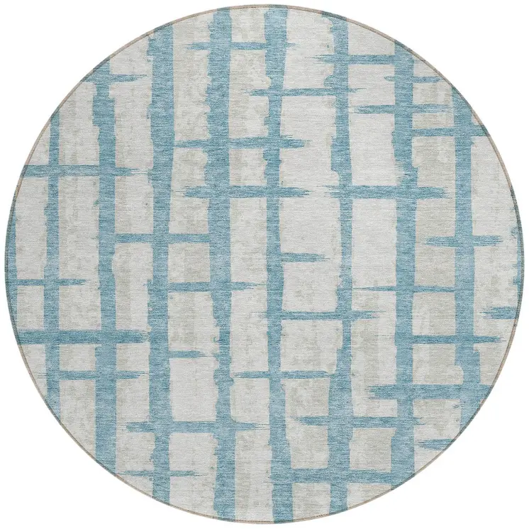 8' Sky Blue And Gray Round Striped Washable Indoor Outdoor Area Rug