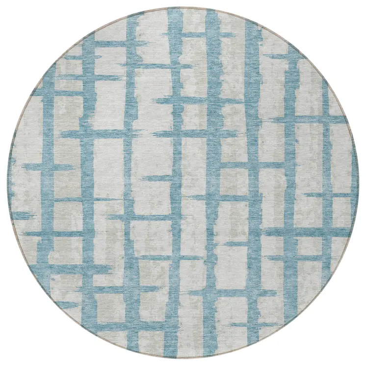 8' Sky Blue And Gray Round Striped Washable Indoor Outdoor Area Rug