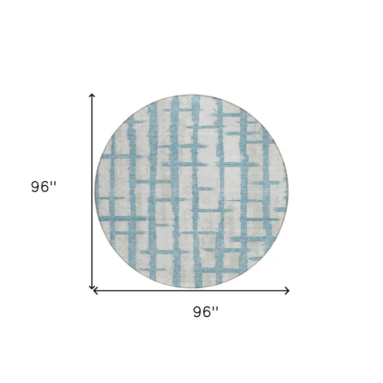 8' Sky Blue And Gray Round Striped Washable Indoor Outdoor Area Rug