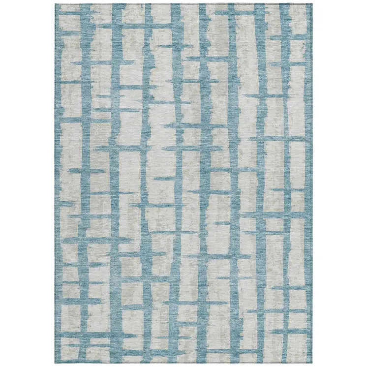 10' X 14' Sky Blue And Gray Striped Washable Indoor Outdoor Area Rug