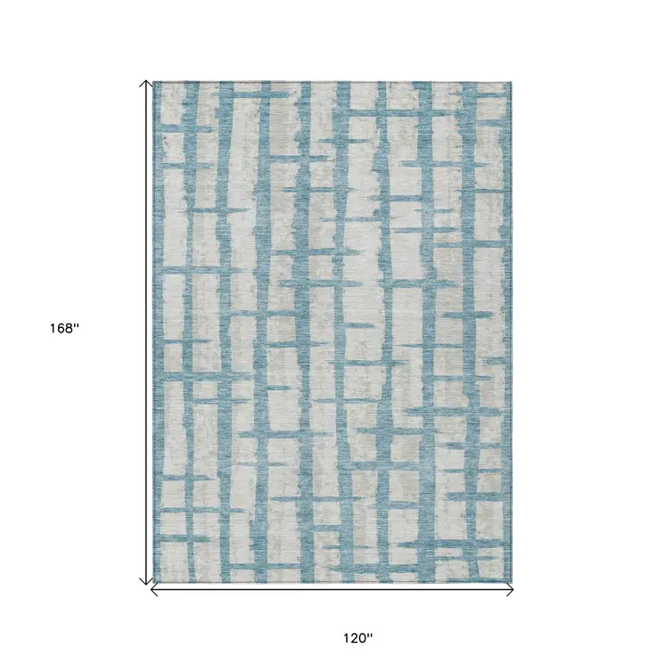 10' X 14' Sky Blue And Gray Striped Washable Indoor Outdoor Area Rug