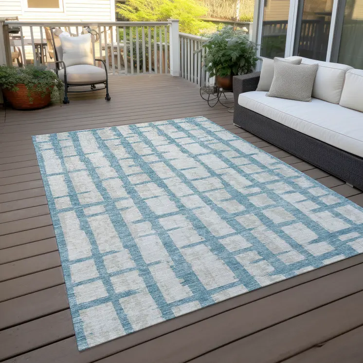 10' X 14' Sky Blue And Gray Striped Washable Indoor Outdoor Area Rug