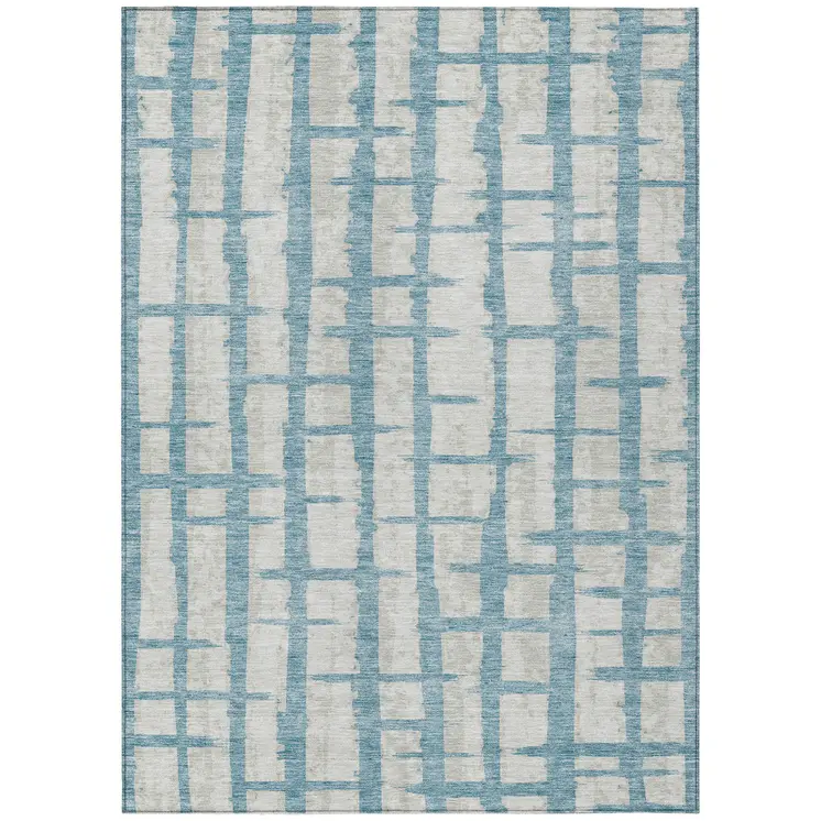 10' X 14' Sky Blue And Gray Striped Washable Indoor Outdoor Area Rug