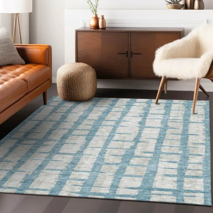 10' X 14' Sky Blue And Gray Striped Washable Indoor Outdoor Area Rug