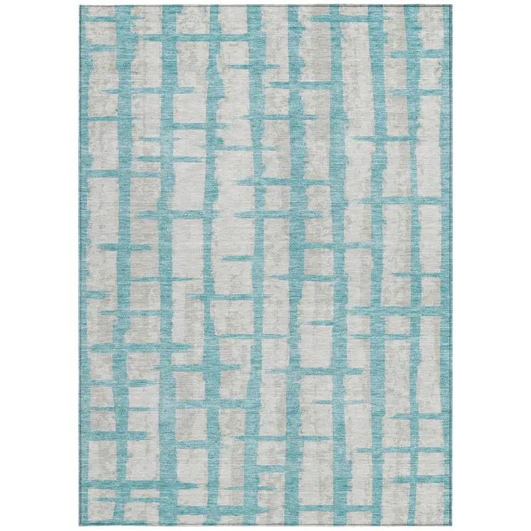 3' X 5' Teal Blue And Gray Striped Washable Indoor Outdoor Area Rug