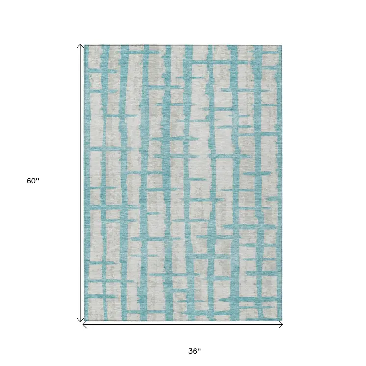 3' X 5' Teal Blue And Gray Striped Washable Indoor Outdoor Area Rug