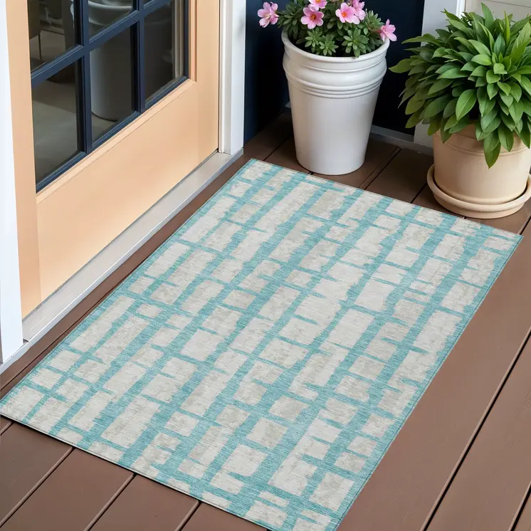 3' X 5' Teal Blue And Gray Striped Washable Indoor Outdoor Area Rug