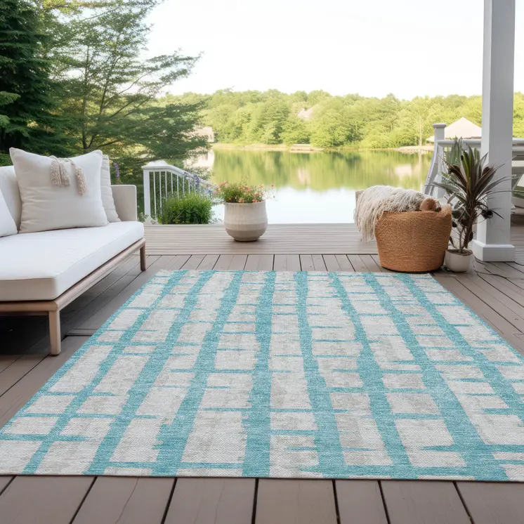 3' X 5' Teal Blue And Gray Striped Washable Indoor Outdoor Area Rug