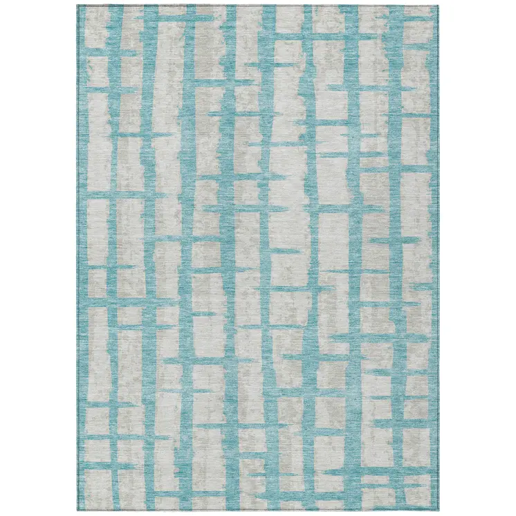 3' X 5' Teal Blue And Gray Striped Washable Indoor Outdoor Area Rug