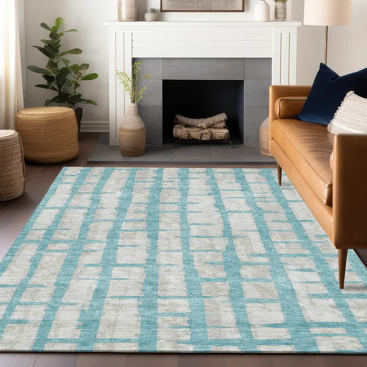 3' X 5' Teal Blue And Gray Striped Washable Indoor Outdoor Area Rug
