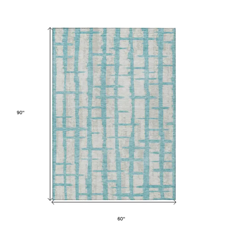 5' X 8' Teal Blue And Gray Striped Washable Indoor Outdoor Area Rug