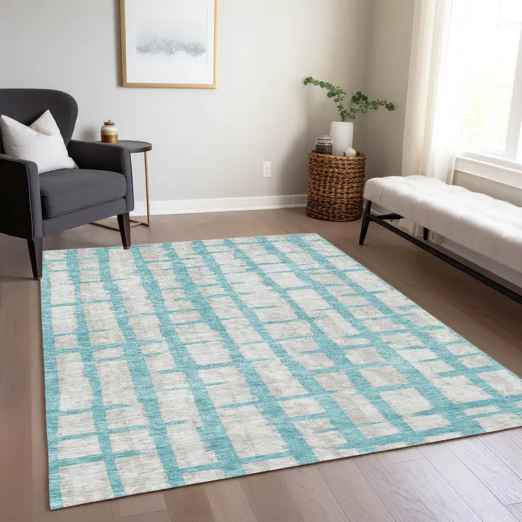 5' X 8' Teal Blue And Gray Striped Washable Indoor Outdoor Area Rug