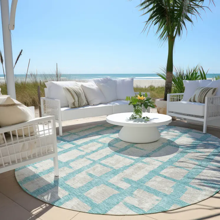 8' Teal Blue And Gray Round Striped Washable Indoor Outdoor Area Rug