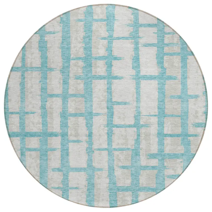 8' Teal Blue And Gray Round Striped Washable Indoor Outdoor Area Rug