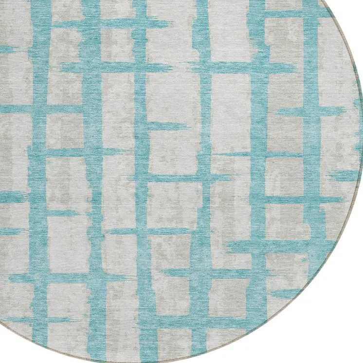 8' Teal Blue And Gray Round Striped Washable Indoor Outdoor Area Rug