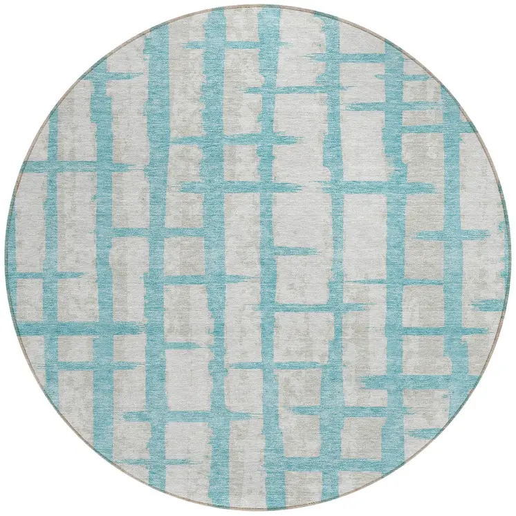 8' Teal Blue And Gray Round Striped Washable Indoor Outdoor Area Rug