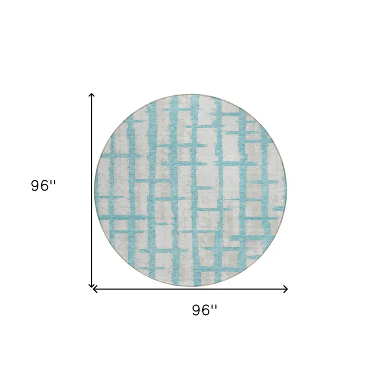 8' Teal Blue And Gray Round Striped Washable Indoor Outdoor Area Rug