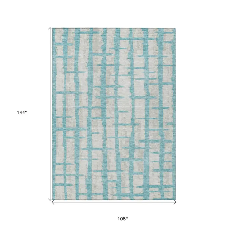 9' X 12' Teal Blue And Gray Striped Washable Indoor Outdoor Area Rug