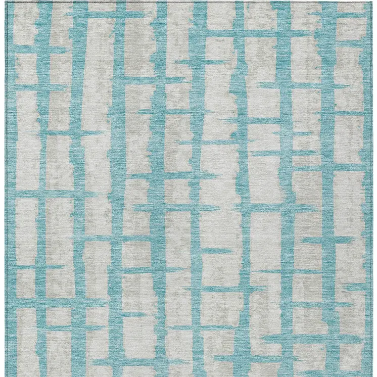 9' X 12' Teal Blue And Gray Striped Washable Indoor Outdoor Area Rug
