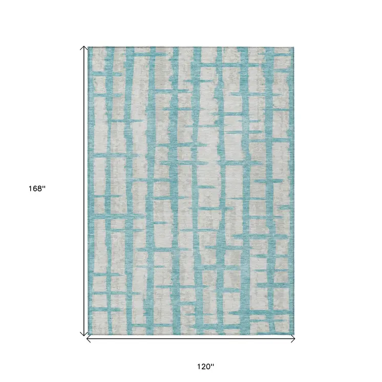 10' X 14' Teal Blue And Gray Striped Washable Indoor Outdoor Area Rug