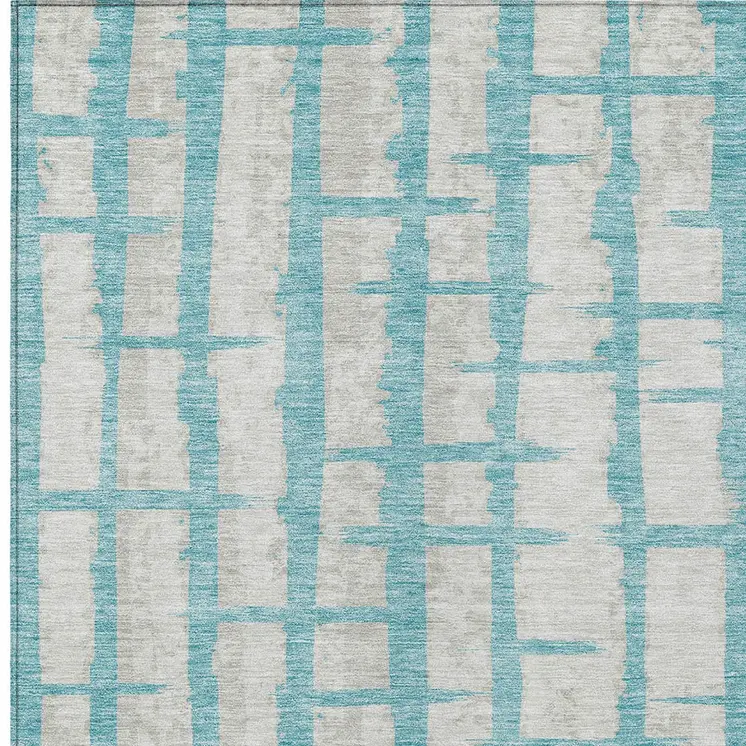 10' X 14' Teal Blue And Gray Striped Washable Indoor Outdoor Area Rug
