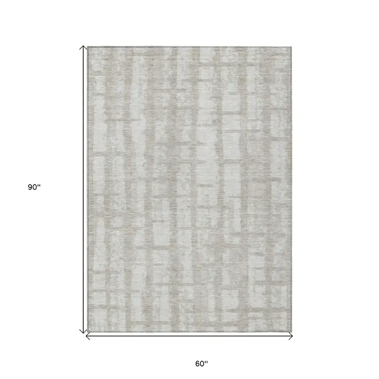 5' X 8' Taupe And Beige Striped Washable Indoor Outdoor Area Rug