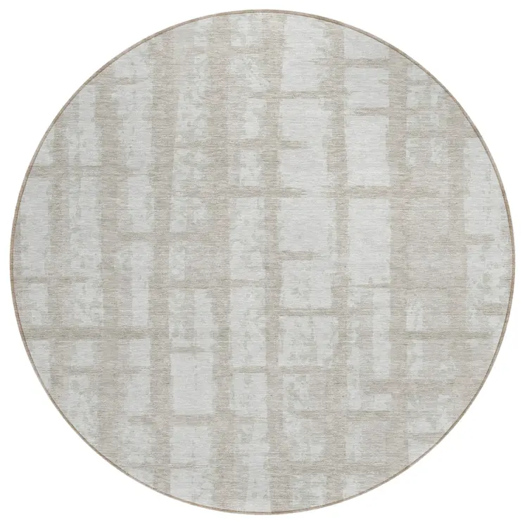 8' Taupe And Beige Round Striped Washable Indoor Outdoor Area Rug