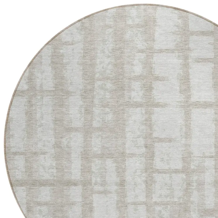 8' Taupe And Beige Round Striped Washable Indoor Outdoor Area Rug