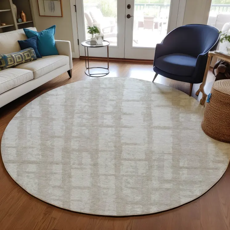 8' Taupe And Beige Round Striped Washable Indoor Outdoor Area Rug