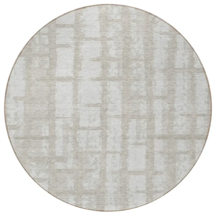 8' Taupe And Beige Round Striped Washable Indoor Outdoor Area Rug