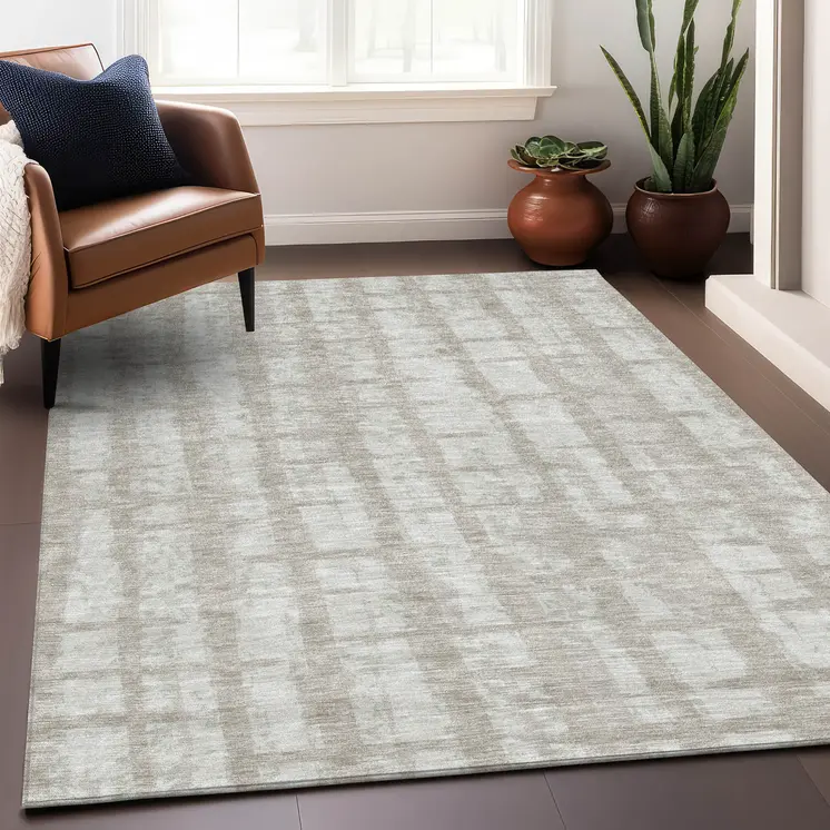 9' X 12' Taupe And Beige Striped Washable Indoor Outdoor Area Rug