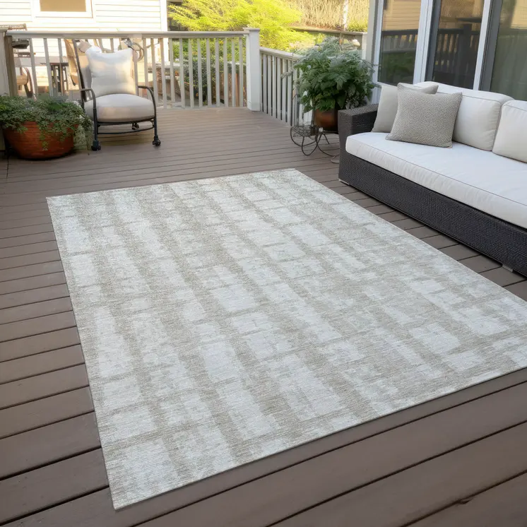 10' X 14' Taupe And Beige Striped Washable Indoor Outdoor Area Rug