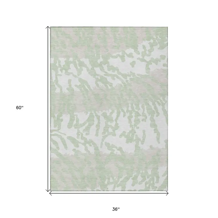 3' X 5' Artichoke Green Beige And Ivory Animal Print Washable Indoor Outdoor Area Rug