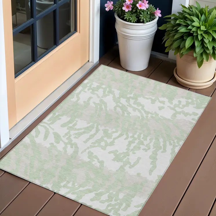 3' X 5' Artichoke Green Beige And Ivory Animal Print Washable Indoor Outdoor Area Rug