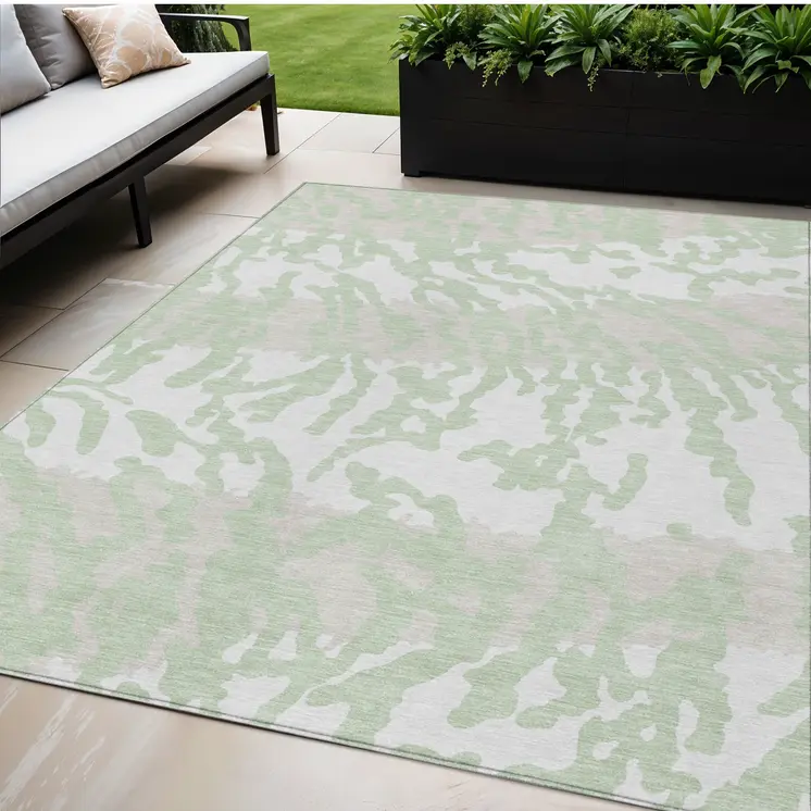 5' X 8' Artichoke Green Beige And Ivory Animal Print Washable Indoor Outdoor Area Rug