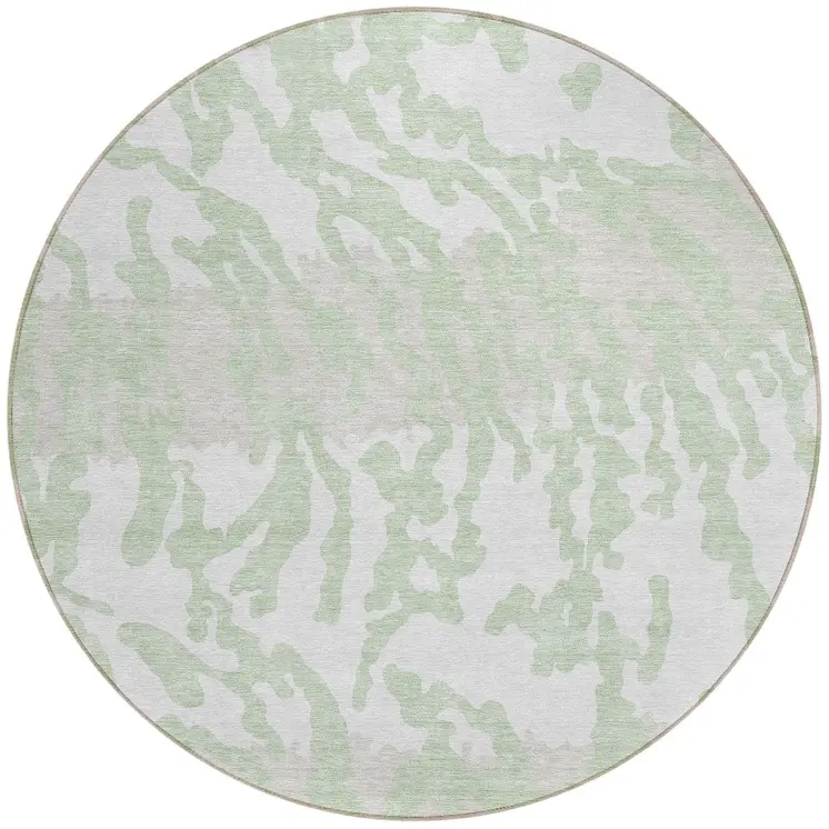8' Artichoke Green Beige And Ivory Round Animal Print Washable Indoor Outdoor Area Rug